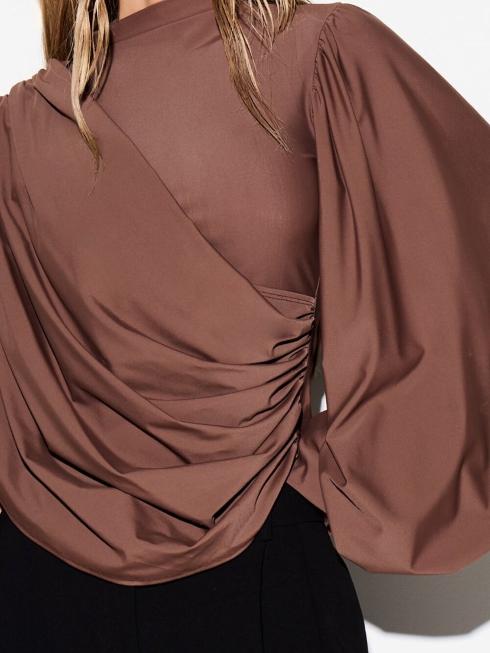 Brown Elegant Women's Draped High Neck Slim Fit Long Asymmetrical Blouse - Picture 5 of 5